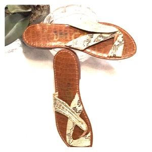 Snake skin our time and metallic gold sandals